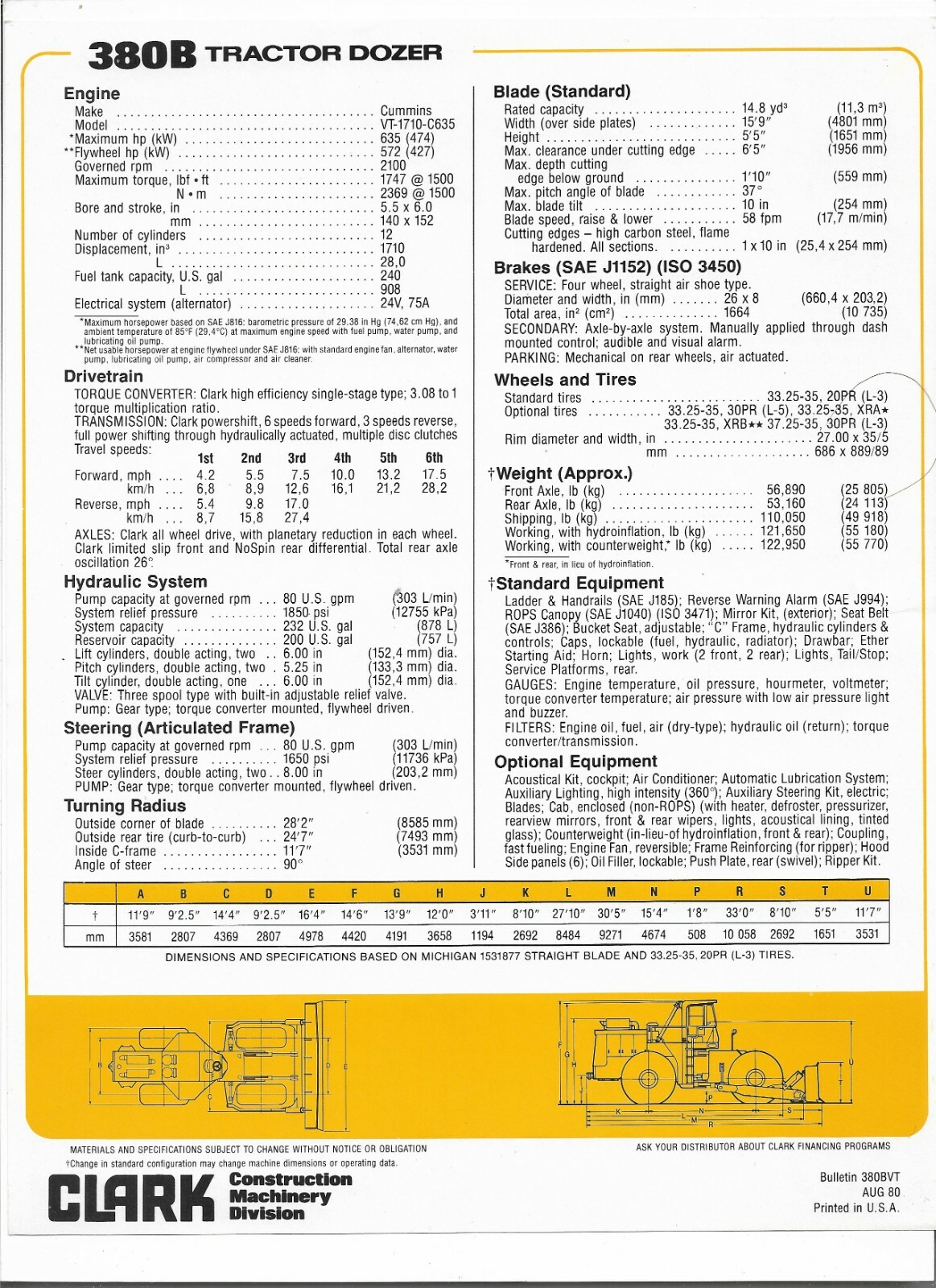 Original Clark Michigan Model 380B Tractor Dozer Sales Brochure Bulletin 380BVT