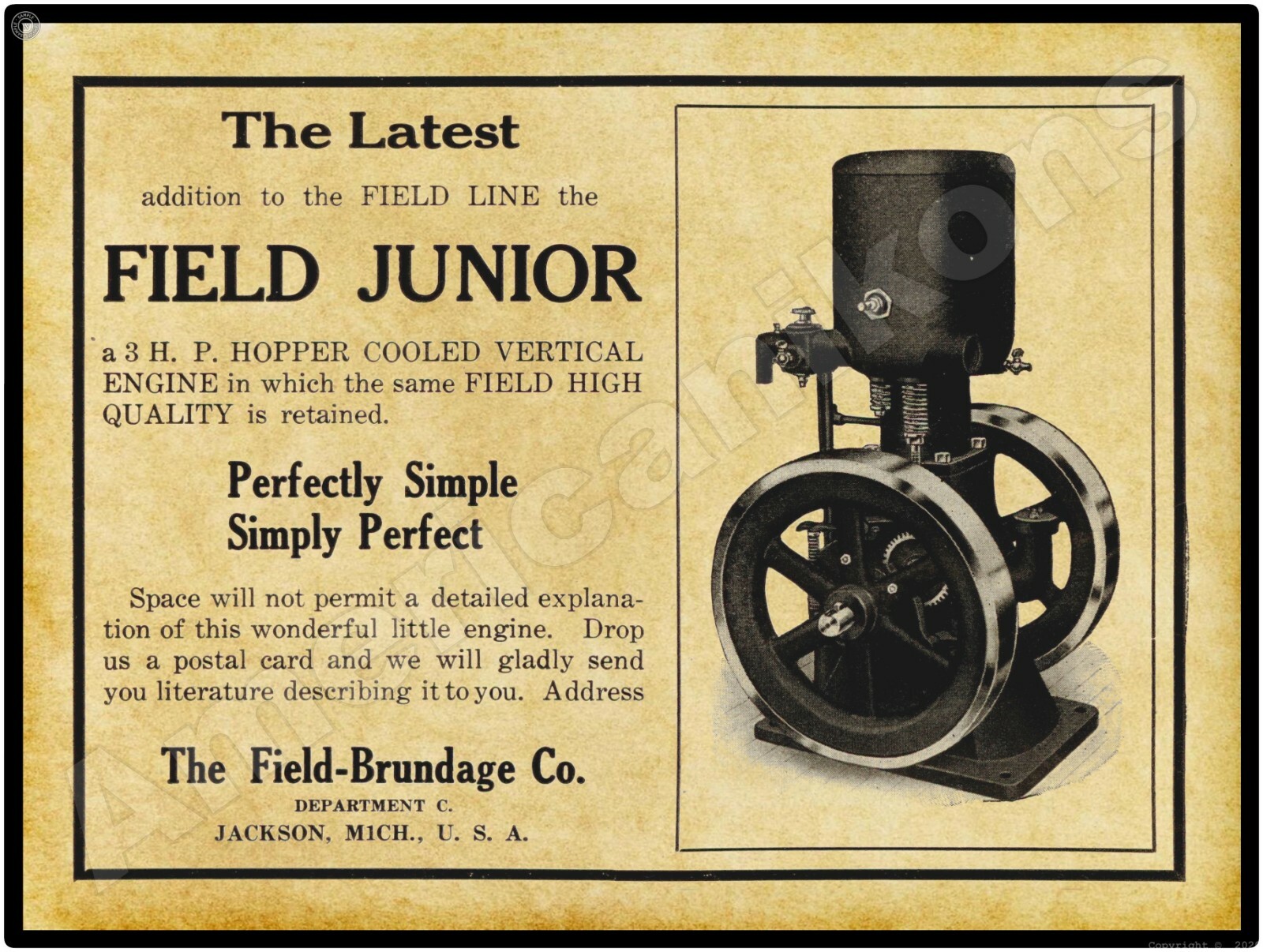 1910 Field-Brundage Gas Power Engines New Metal Sign: Jackson, Michigan