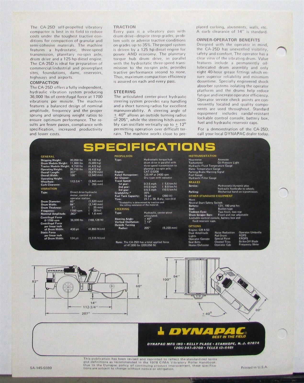 1980 Dynapac CA-25D Vibratory Soil Compactor Specs Construction Sales Data Sheet