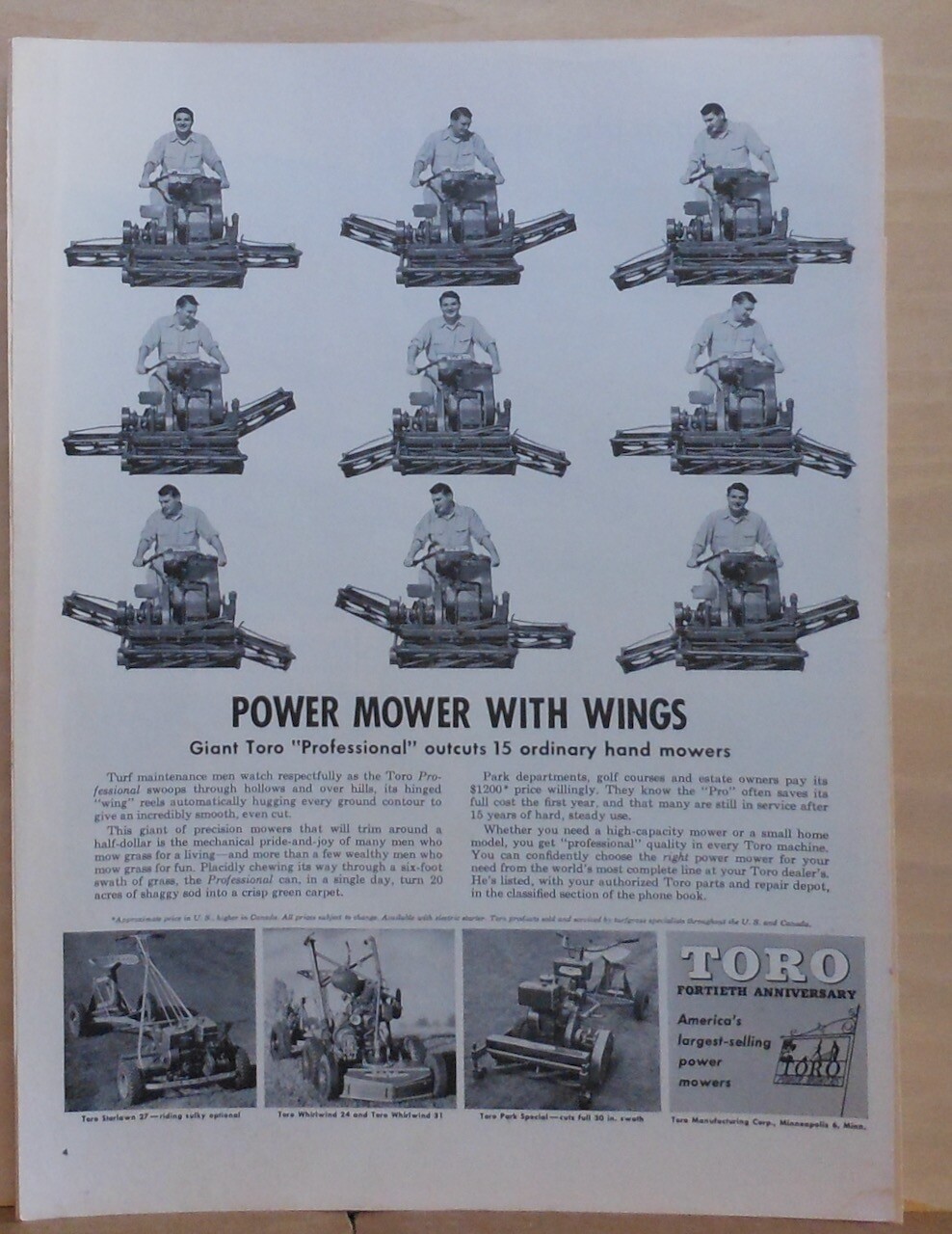 1955 magazine ad for Toro Riding Mowers, Professional, Starlawn, Park, Whirlwind