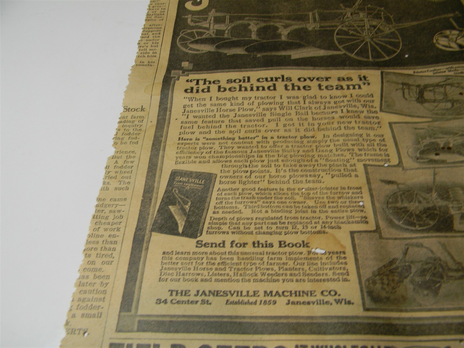 Vintage 1917 Janseville Machine Co. Tractor Plow Man Cave 1910’s Print Ad 5A11