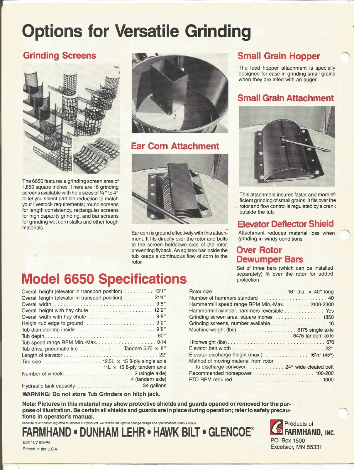 Original Farmhand Model 6650 Tub Grinders Dealer Sales Brochure # B22-11/7-10MPA