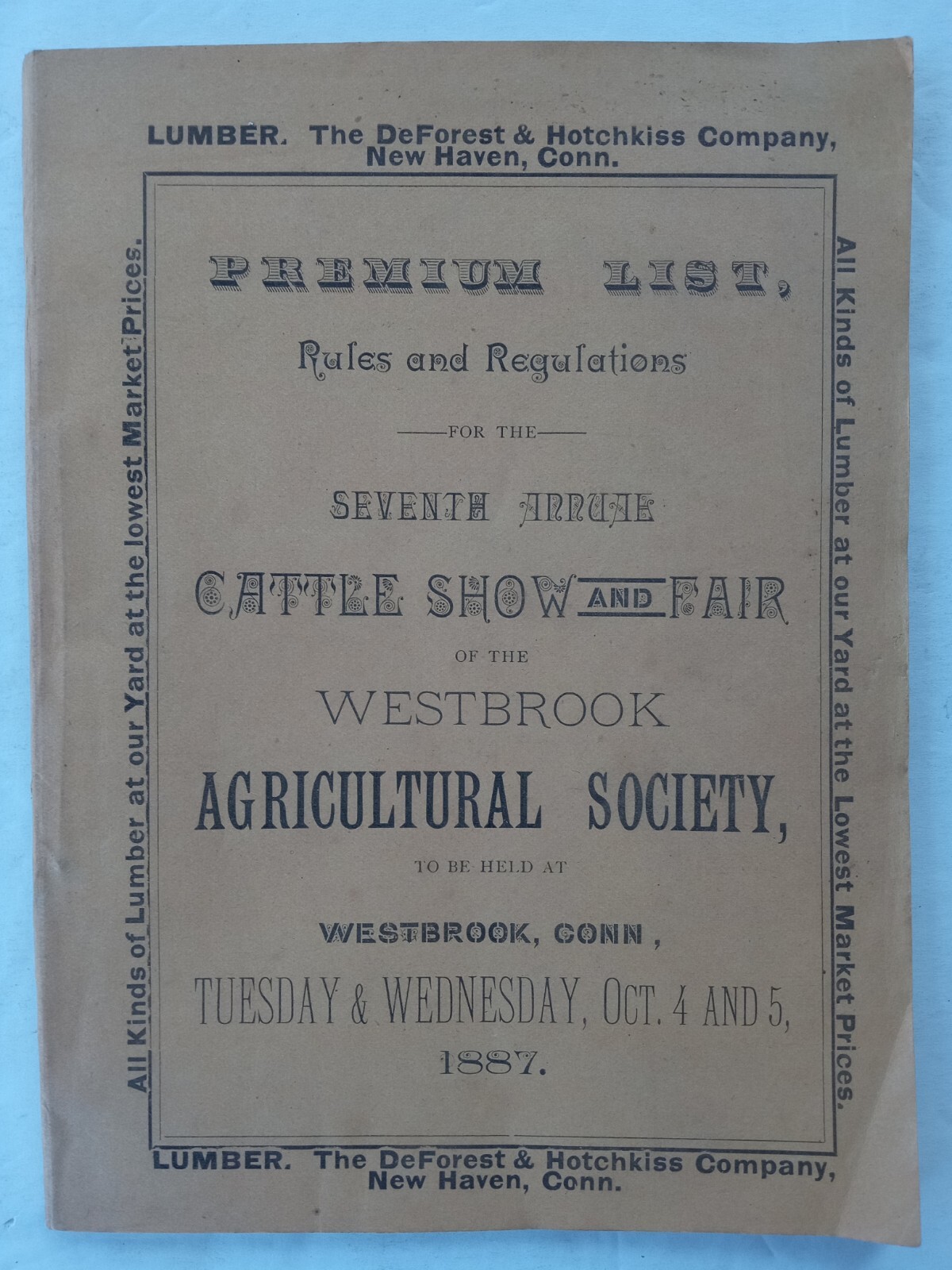 WESTBROOK CT Agricultural Society 1887 Cattle Show & Fair Program 7th Annual