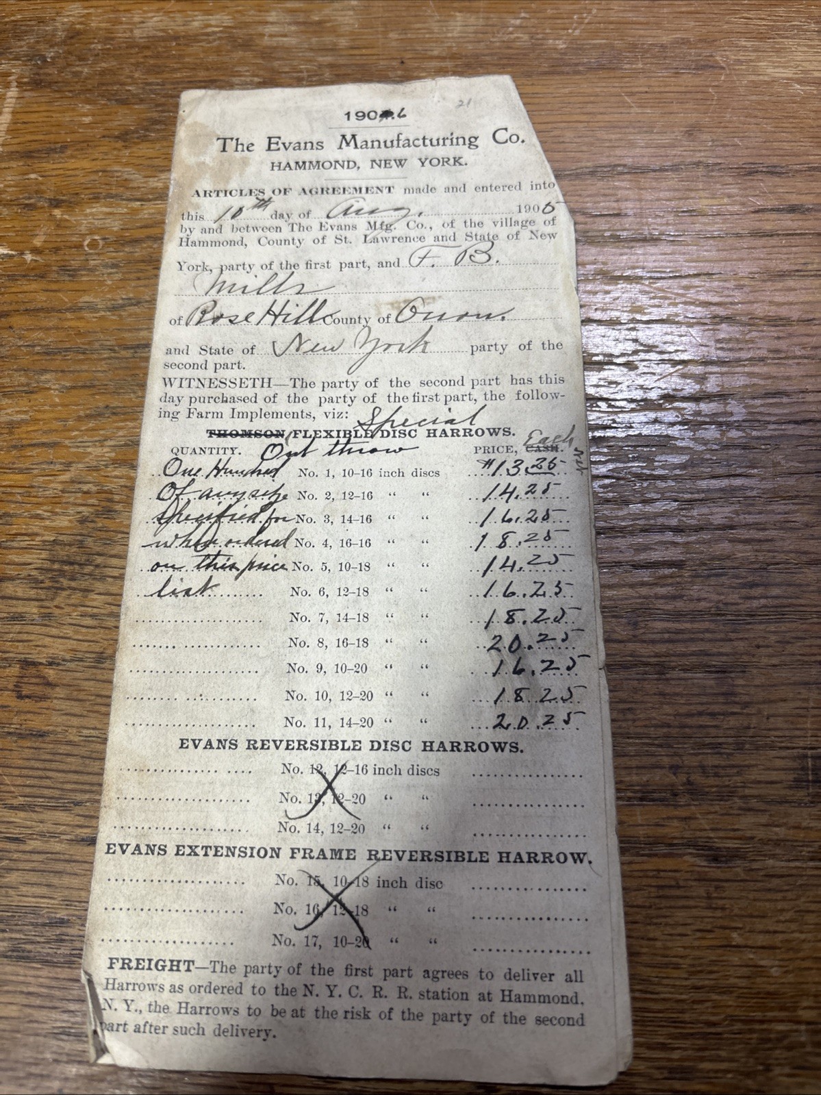 Vintage Farm Equipment Contract Evans Manufacturing Co Hammond NY 1906