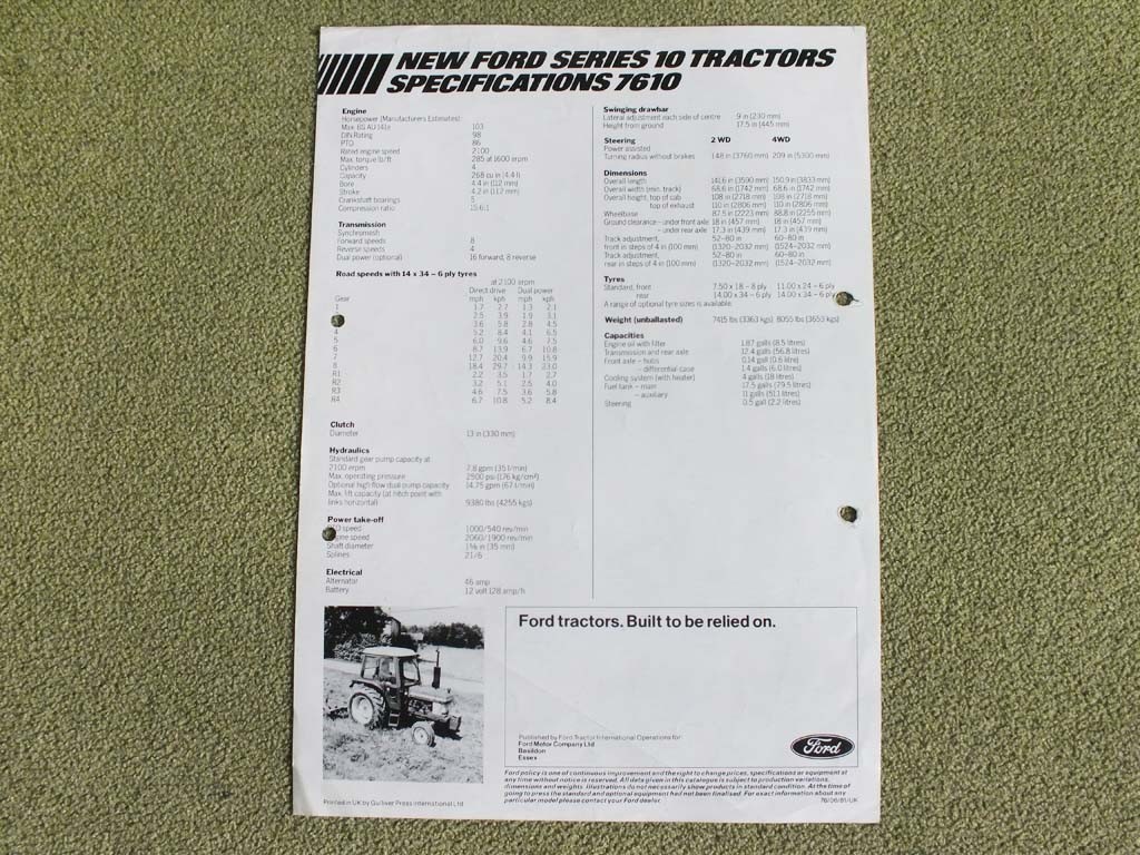 FORD 7610 Universal Tractor Brochure Specification Leaflet 1981