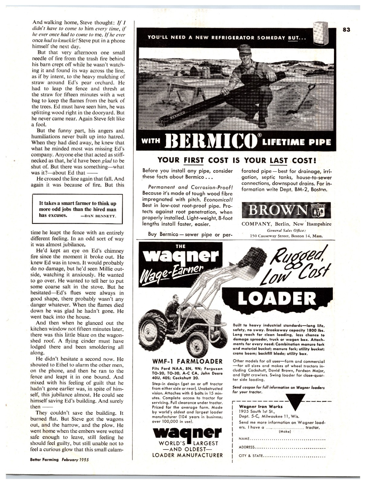 Original 1955 Wagner Tractor Loaders Original Print Advertisement (5in x 6in)