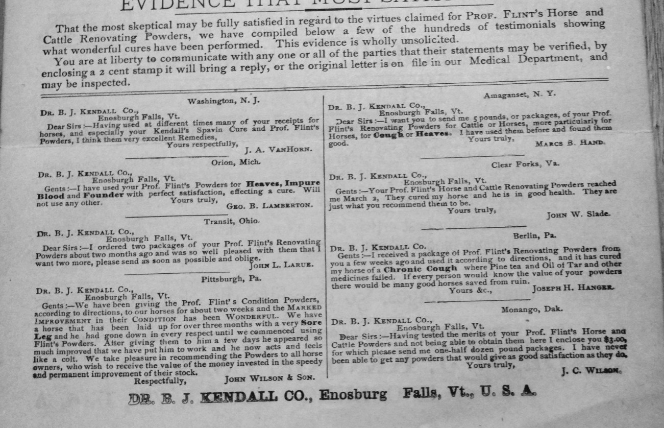 1893 Prof. Flint’s Horse and Cattle Powders 2 Sided Ad Enosburg Falls, VT
