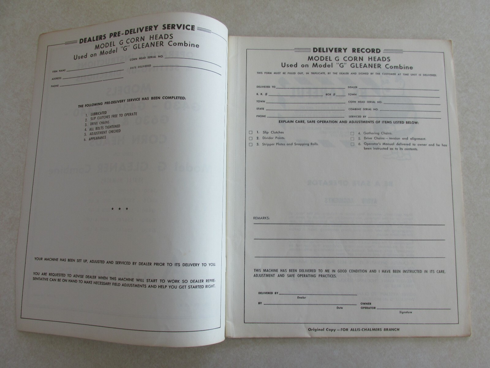 MBE89 Farm Manual Operating Instructions Allis Chalmers G430 corn heads combine
