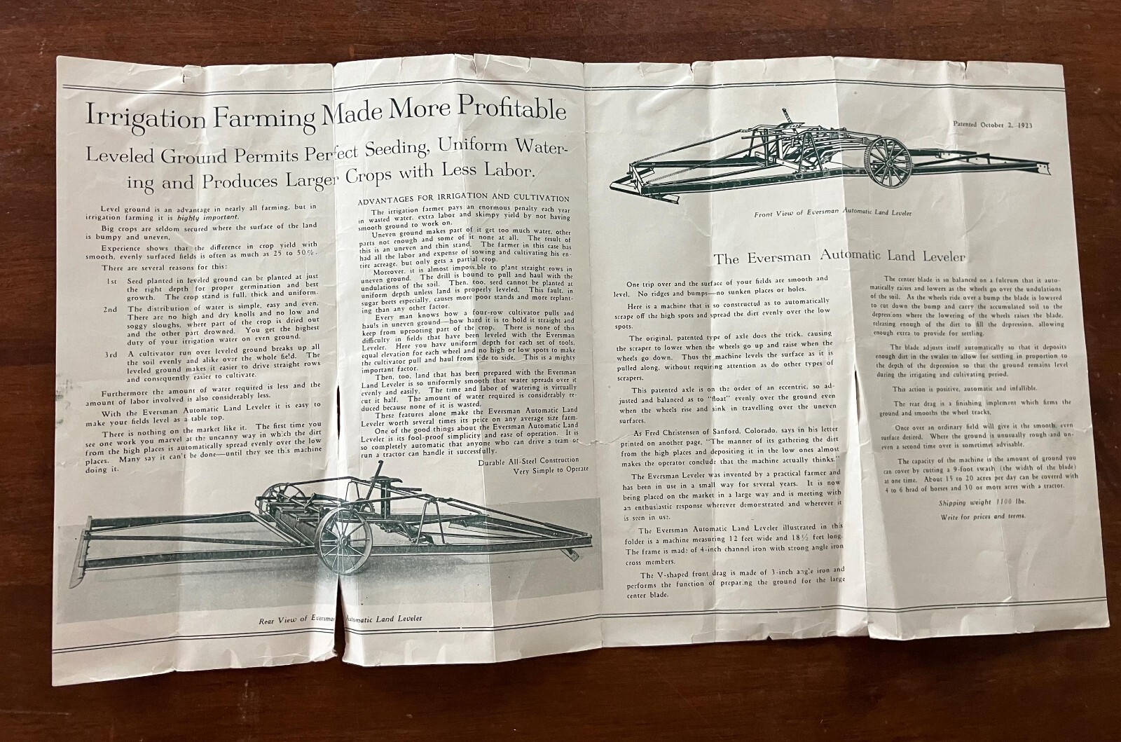 SCARCE! 1926 Eversman Automatic Land Leveler Fold Out Brochure Denver Colorado