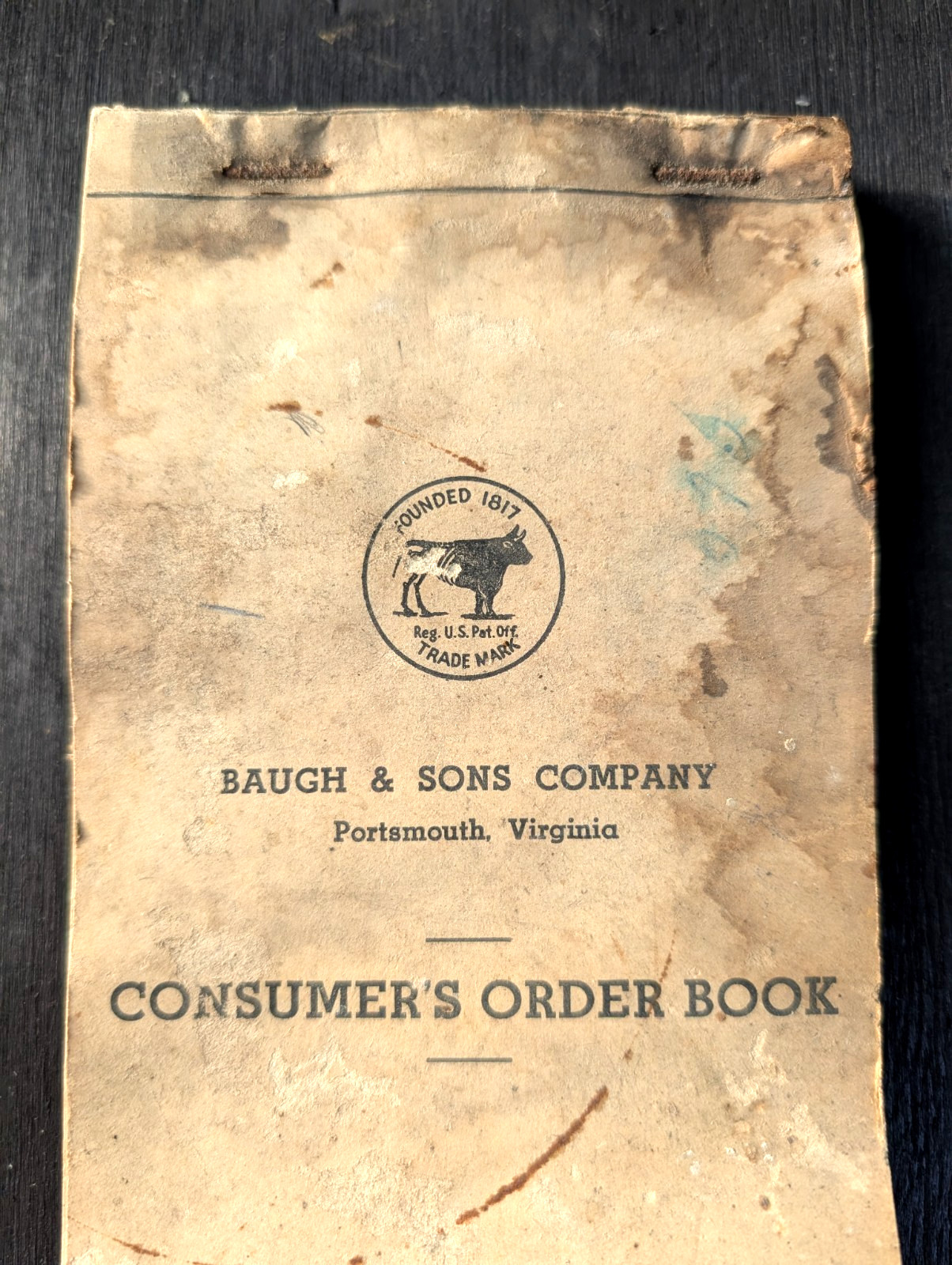 BAUGH & SONS COMPANY Portsmouth Virginia Vintage Old Sales Consumer’s Order Book