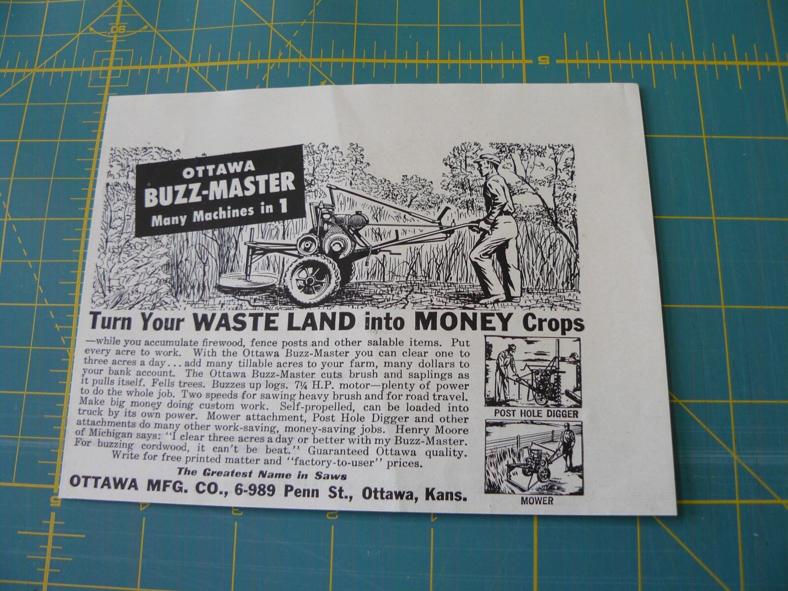 THE FARM QRTLY- Aug 1949 -ad- OTTAWA BUZZ-MASTER -clear land for $ / Ottawa, KS