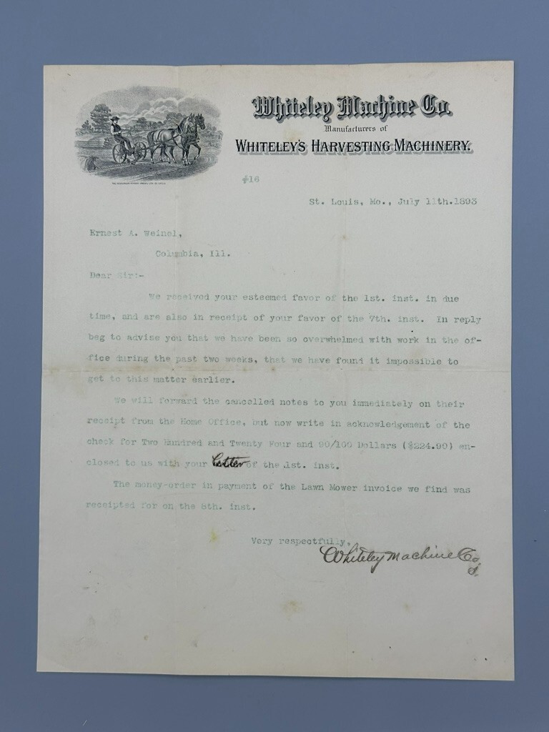 1893 WHITELEY’s HARVESTING MACHINERY Illustrated FARM ADVERTISING Letterhead