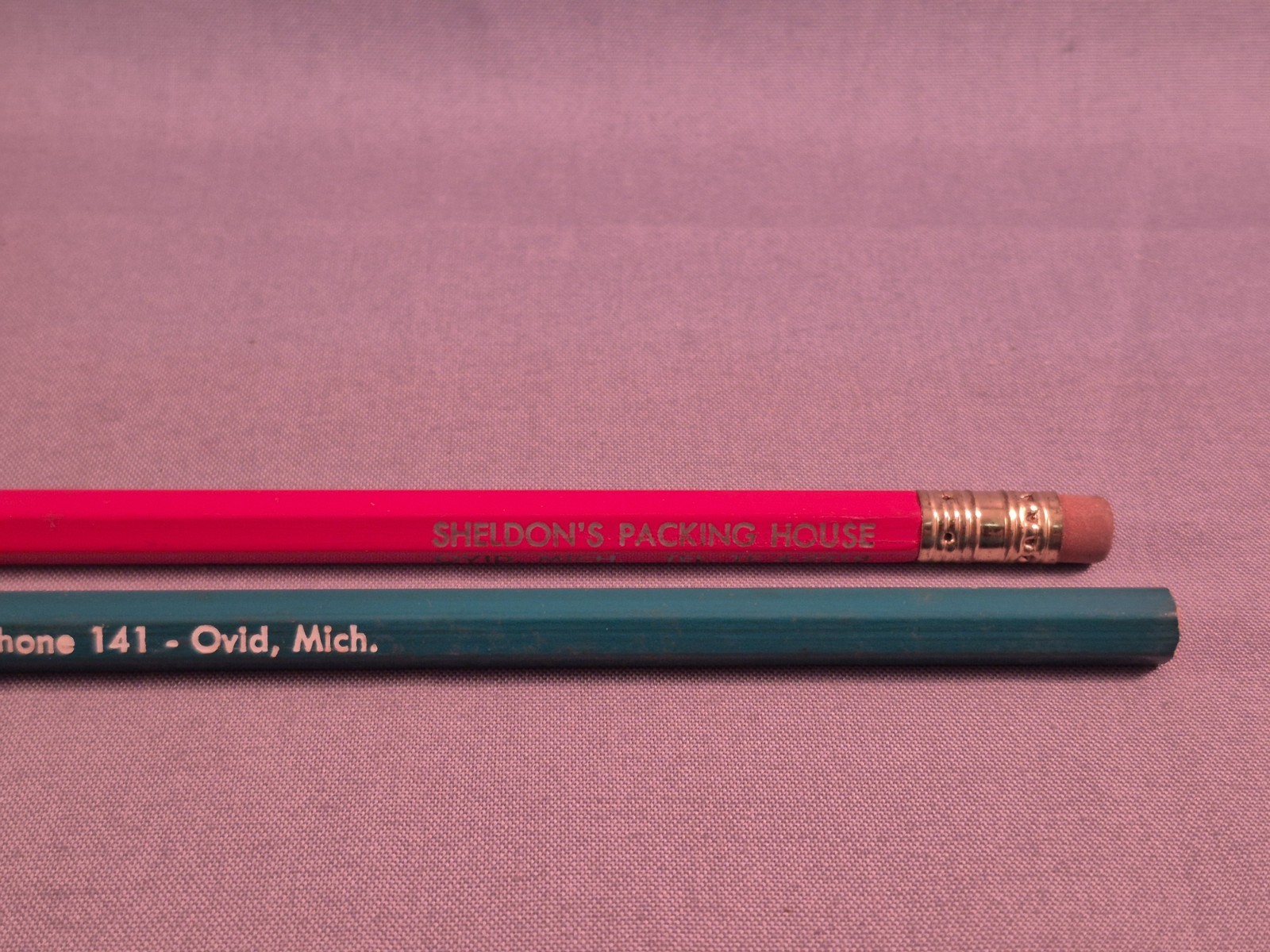 Vintage Pencil Sheldon’s Meat Packing House Ovid MI Green Red Advertisement
