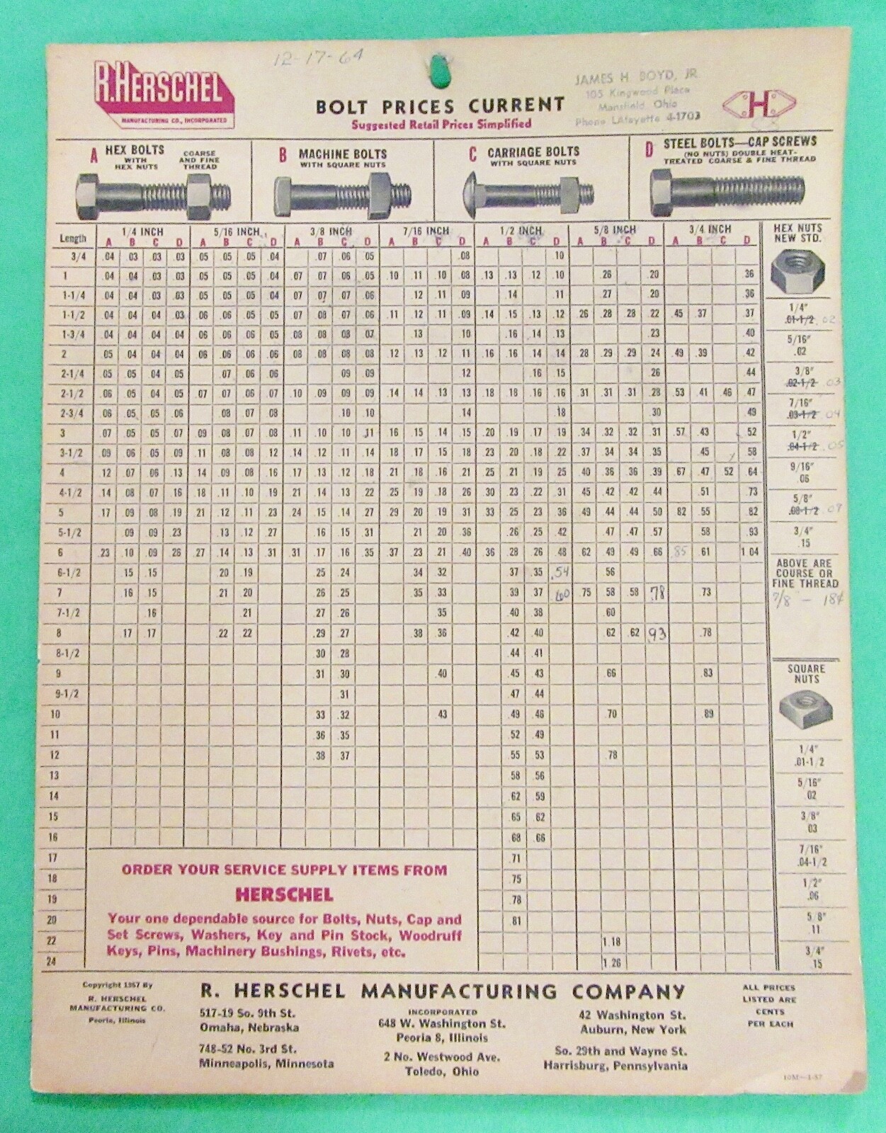 R. Herschel Manufacturing Co. Wall Price Chart (Peoria Ill, Mansfield, Oh (1957)