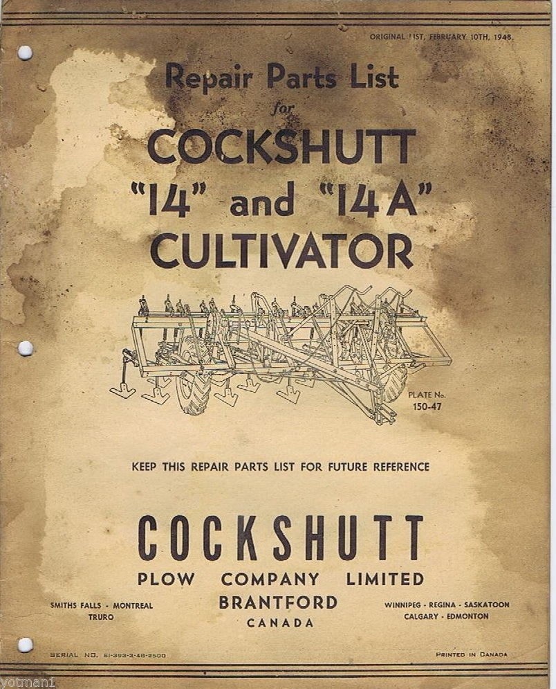 Repair Parts List Cockshutt “14” and “14A” Cultivator; 1950’s