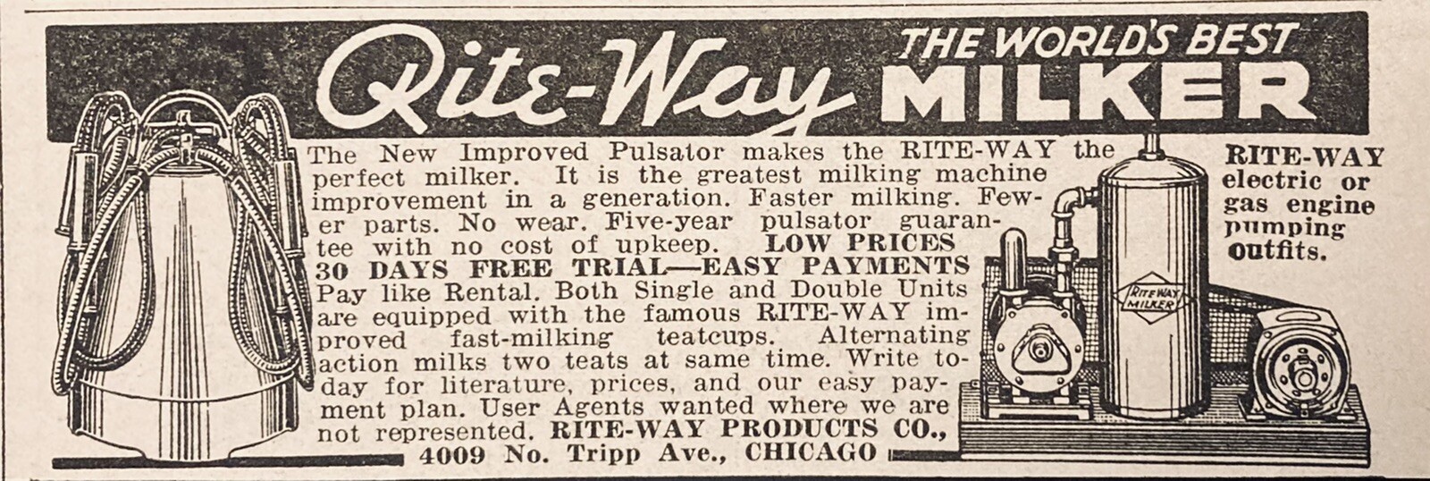 1936 AD.(XH17)~RITE-WAY PRODUCTS CO. CHICAGO. RITE-WAY MILKER