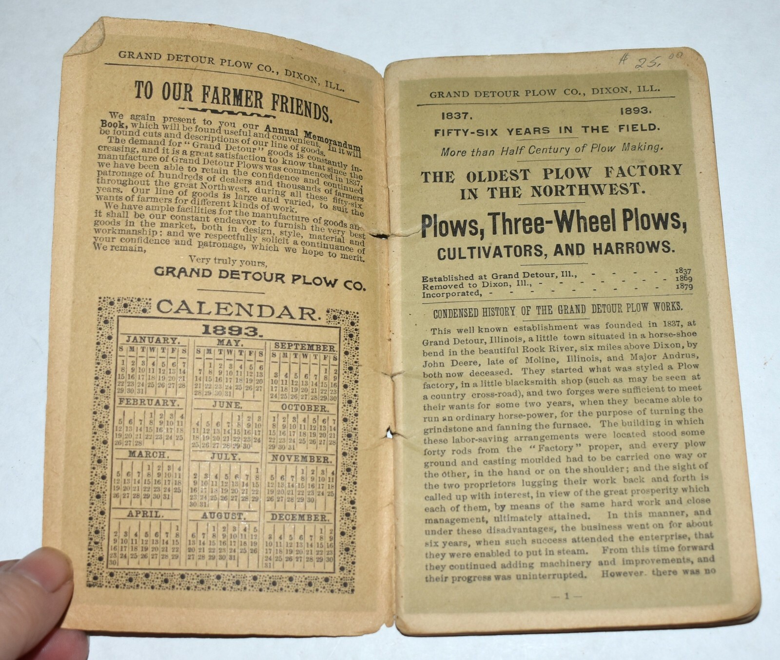 RARE 1893 GRAND DETOUR IL FARM IMPLEMENT TRACTOR ADVERTISING CALENDAR LEDGER