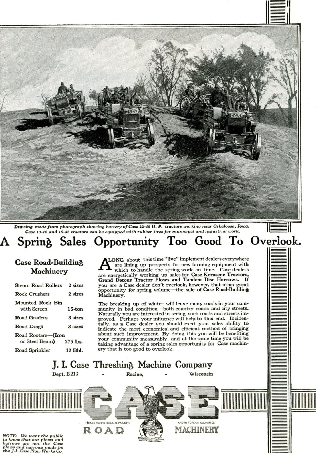 1921 Original Case Tractors Road Machinery Ad. Road Building Near Oskaloosa Iowa