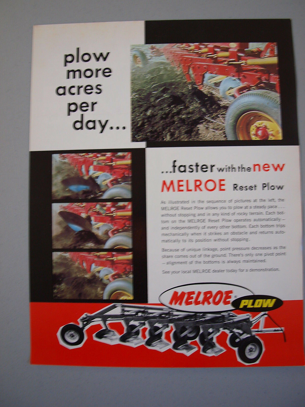 Melroe (Reiten) Reset Moldboard Plow Brochure 2 pg. Color MINT ’67 Vintage