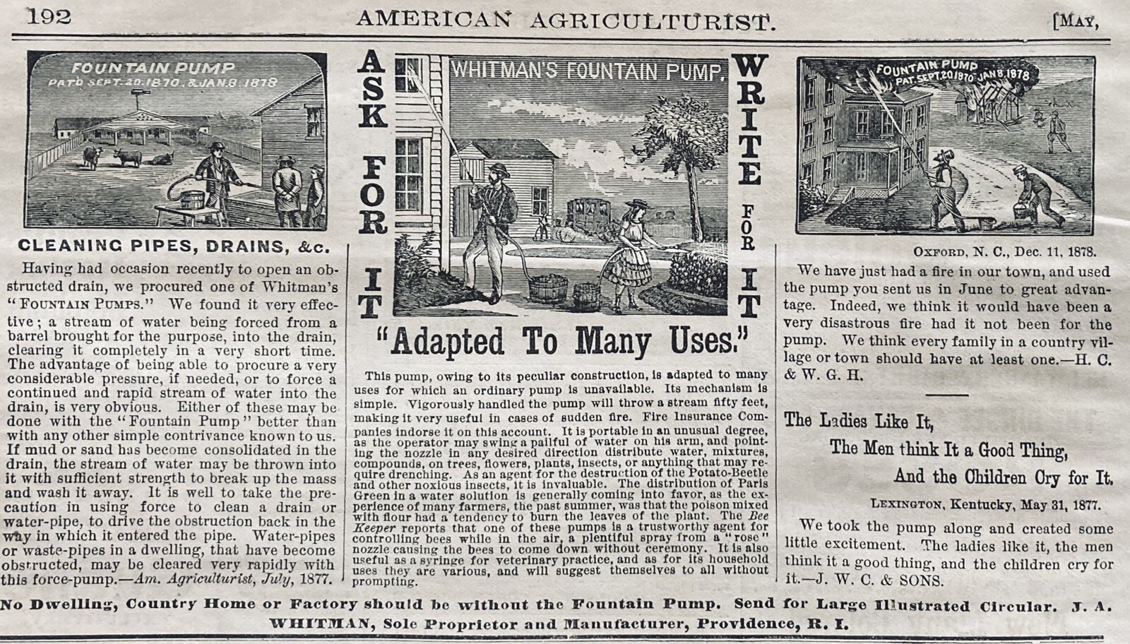 1878 AD.(XH64)~J.A. WHITMAN MFG. CO. PROVIDENCE, RI. WHITMAN’S FOUNTAIN PUMPS