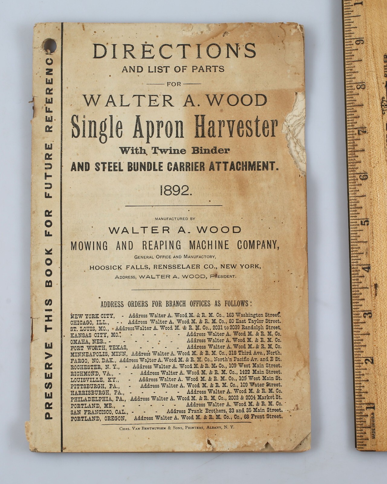 1892 Walter A. Wood Single Apron Binding Harvester Directions Manual Parts List