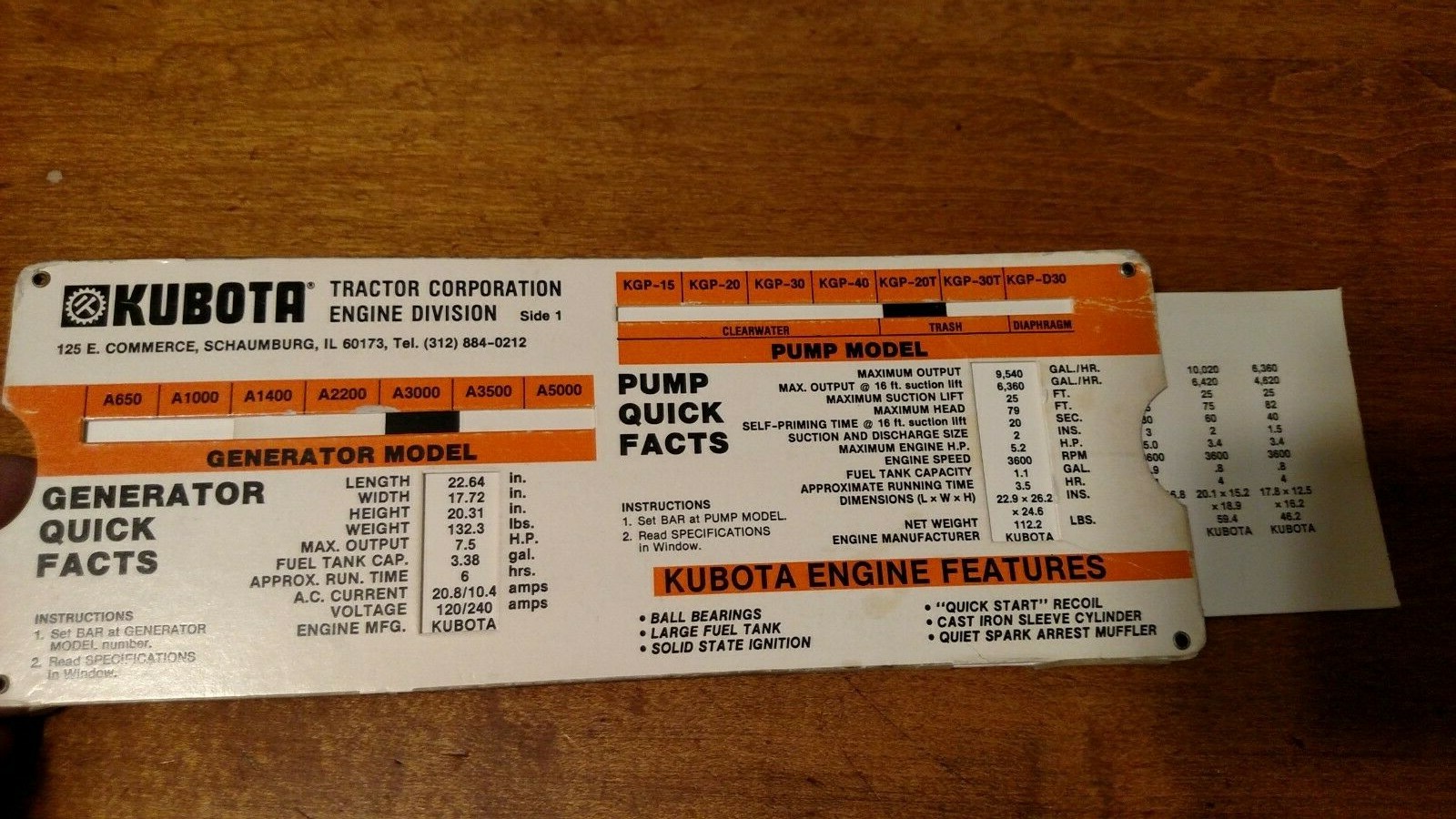 KUBOTA GENERATOR & PUMPS QUICK FACT SLIDE CHART FROM 1986 ****DEALER USE****