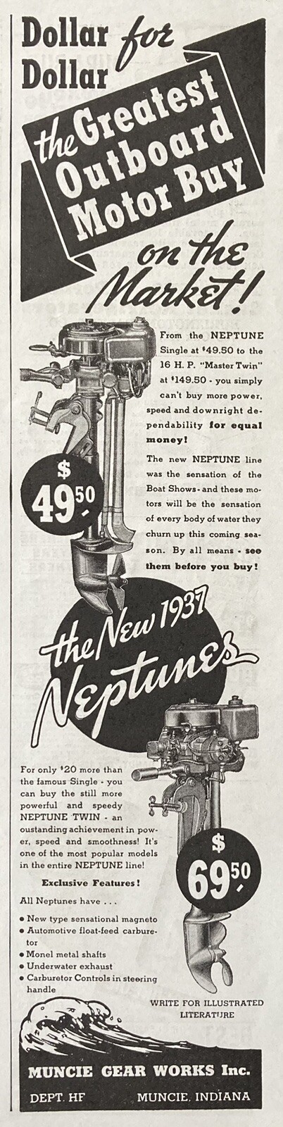 1937 AD.(XH65)~MUNCIE GEAR WORKS, MUNCIE, IND. NEW ‘37 NEPTUNES OUTBOARDS