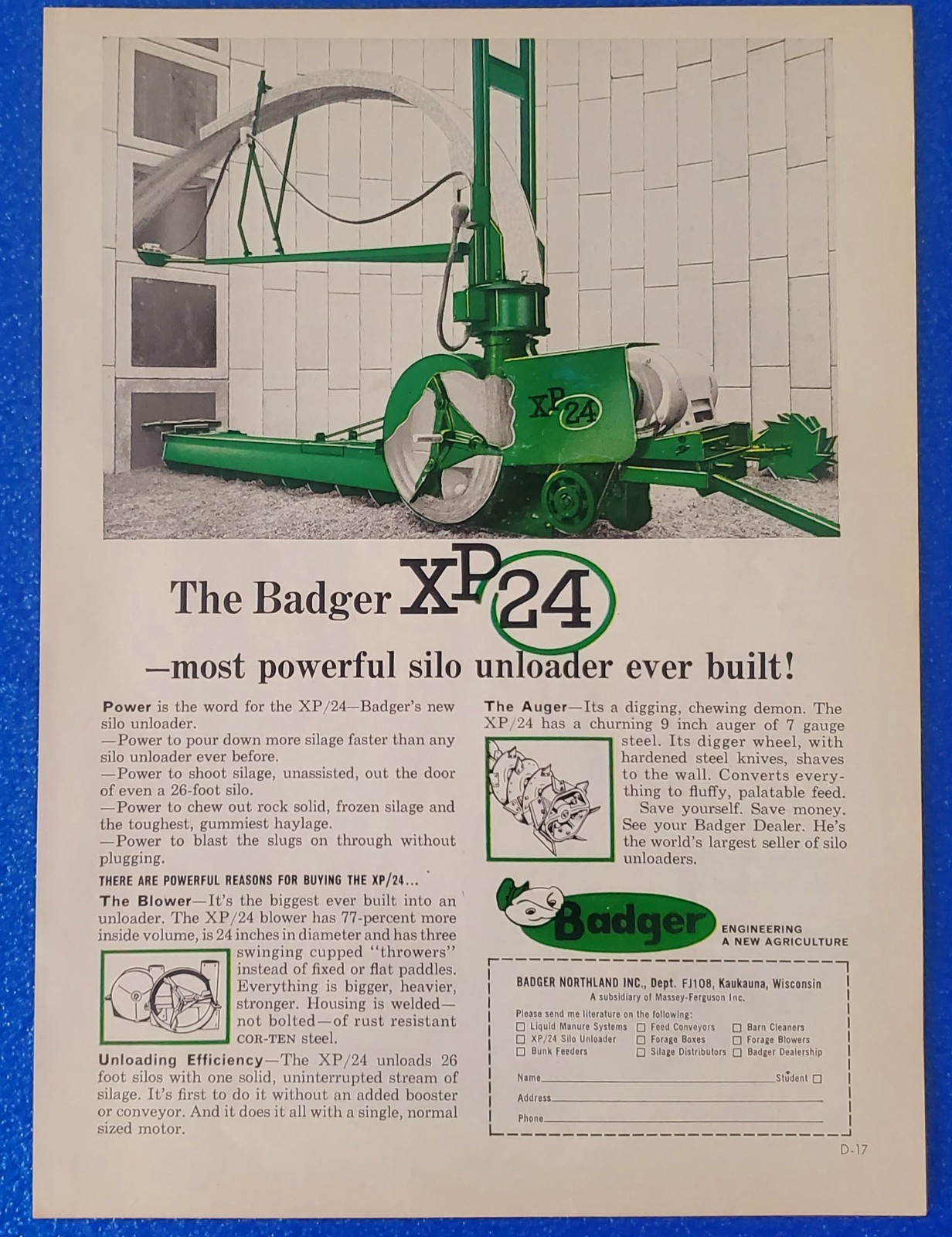 1968 BADGER XP 24 SILO UNLOADER ORIGINAL FARM/RANCH PRINT AD “MOST POWERFULL”