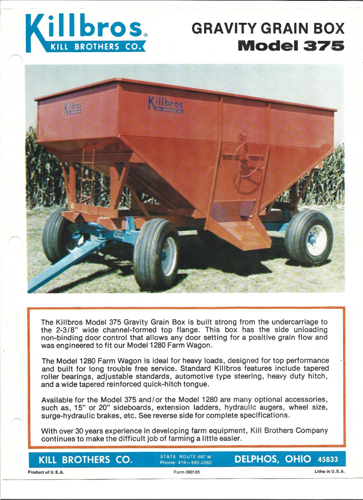 Original Killbros Model 375 Gravity Grain Box Sales Brochure Spec Sheet # 090185