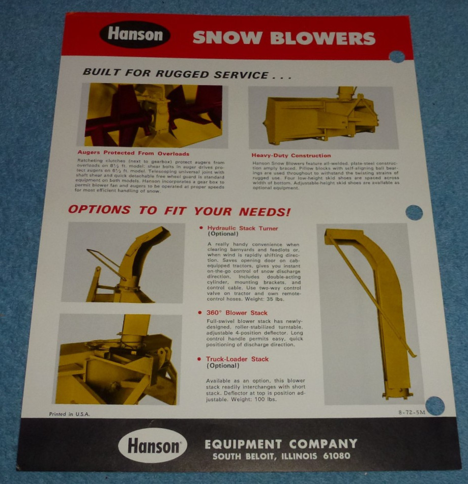 Vintage 1972 Hanson Equipment Co Snow Blowers With Crust-Buster Auger Brochure