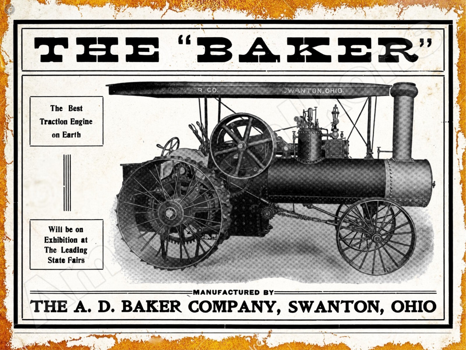 1906 A.D. Baker Traction Engine of Swanton, OH New Metal Sign: 12×16″ Ships Free
