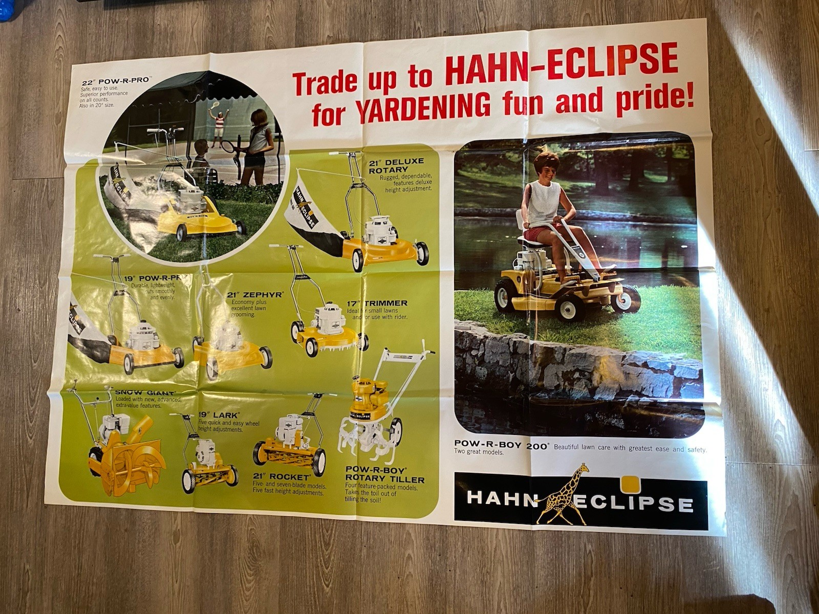 RARE 1960s Vintage Hahn Eclipse Yard Equipment Advertising Sign Poster 58″ x 41″