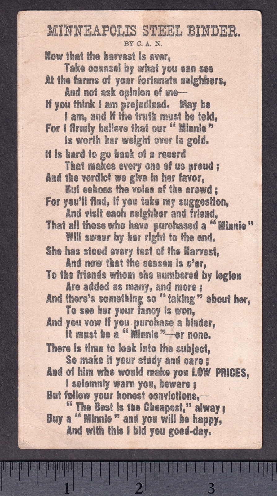 Antique Minneapolis Steel Binder 1880’s Minnie Farm Poem Advertising Trade Card