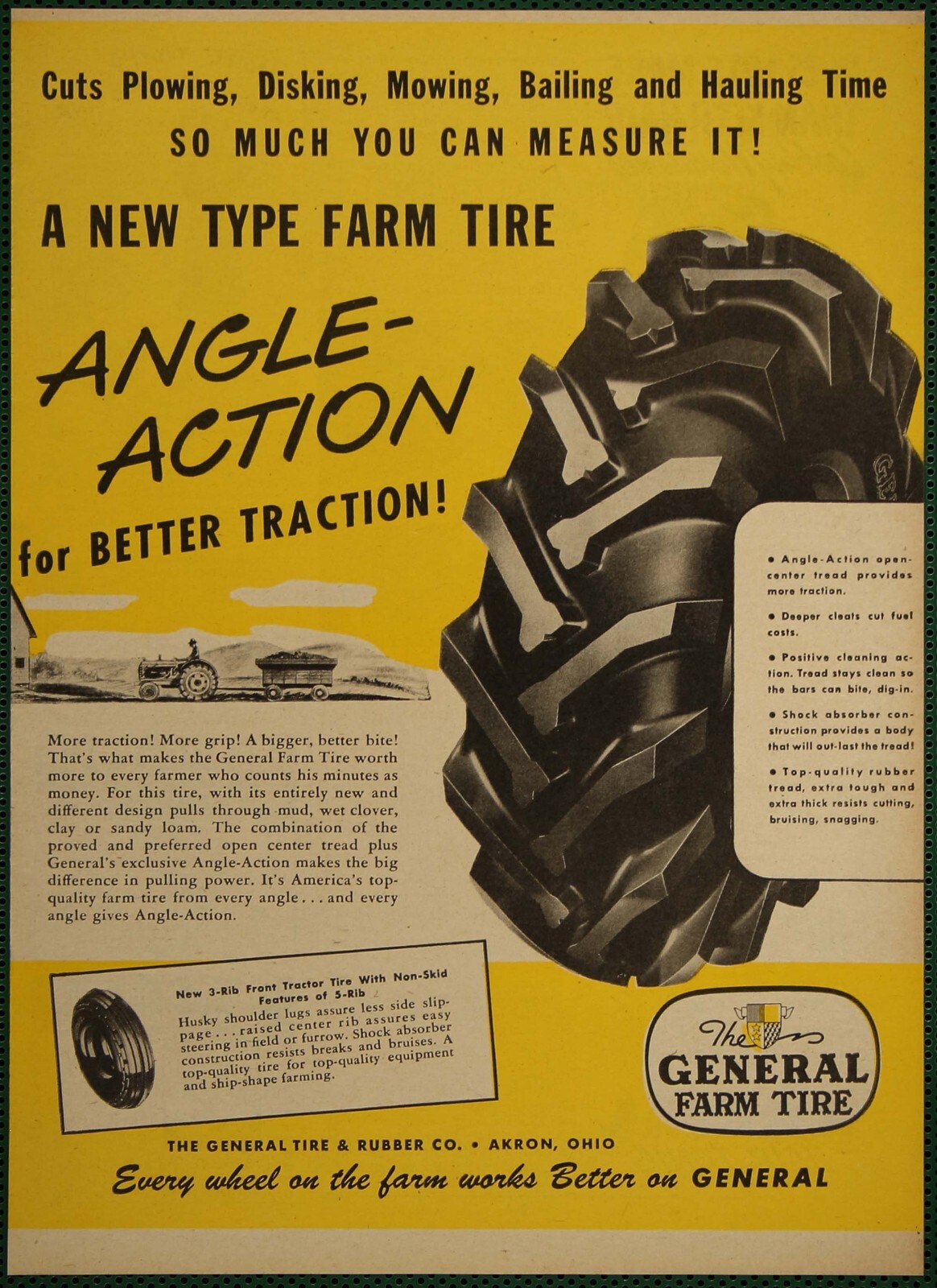 General Farm Tire Angle Action Traction Tractor Tread Vintage Print Ad 1947