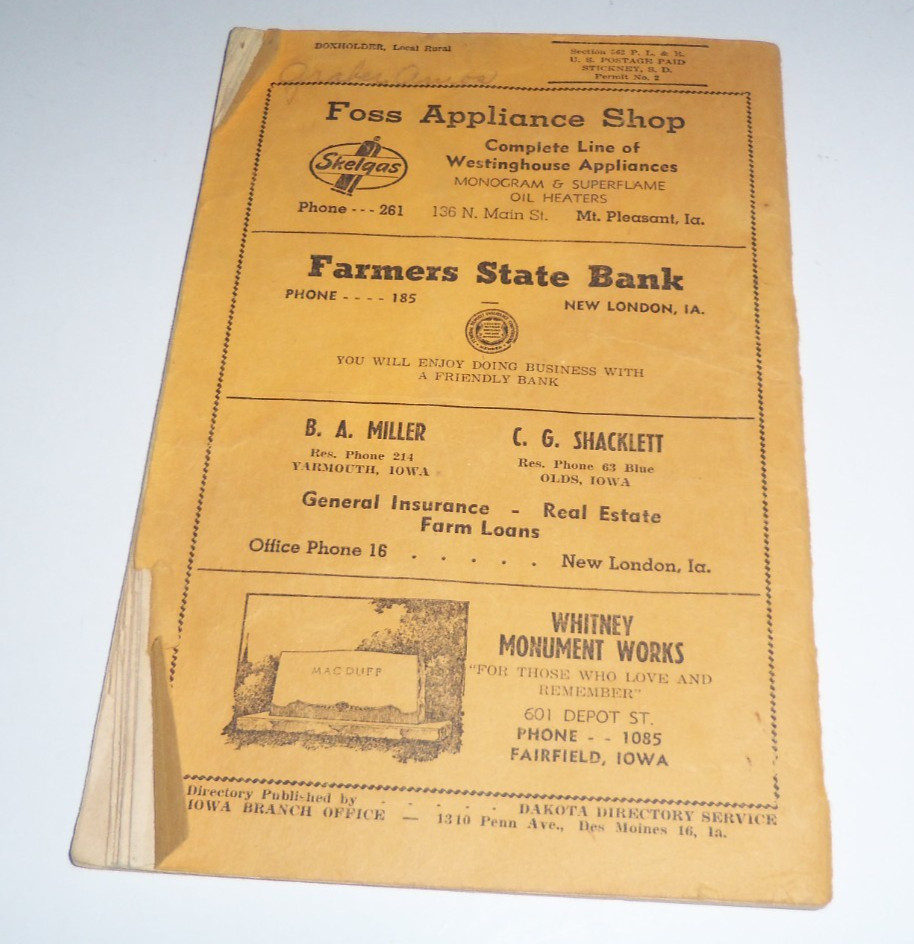 Vintage 1952 Iowa Farm Directory Henry Country 1950s