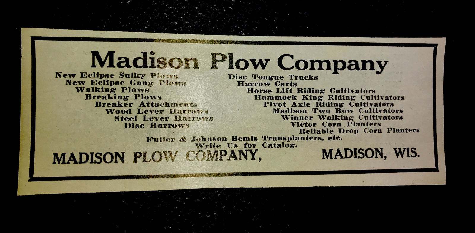 1916 Madison Plow Co. Farm Advertising – Madison – Wisconsin