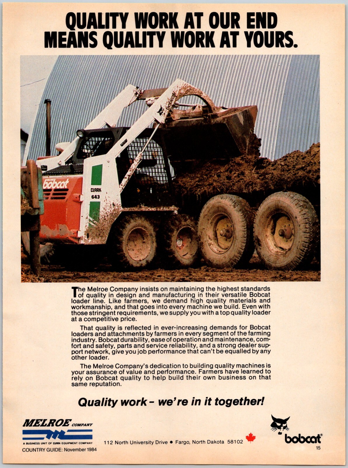 PRINT AD Melroe Company Bobcat Loader 1984 Vtg 8.25×10.75 Agriculture Canada