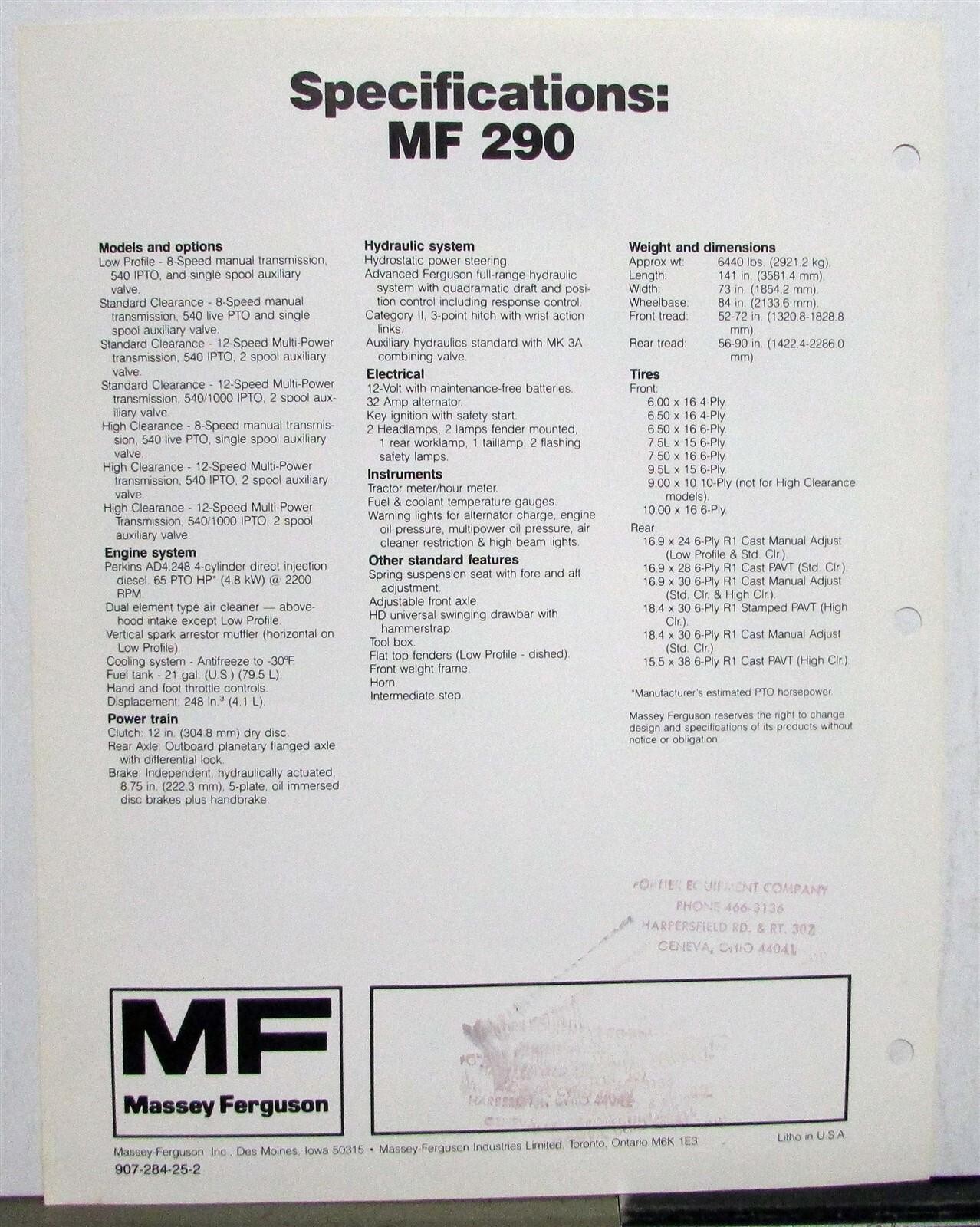 1984 Massey Ferguson 290 Tractor Specs Agricultural Sales Data Sheet
