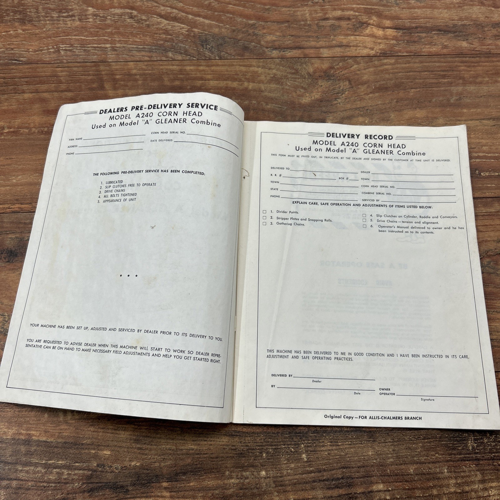 Allis Chalmers A240 Corn Head Operators Manual Gleaner A Combine Instruction
