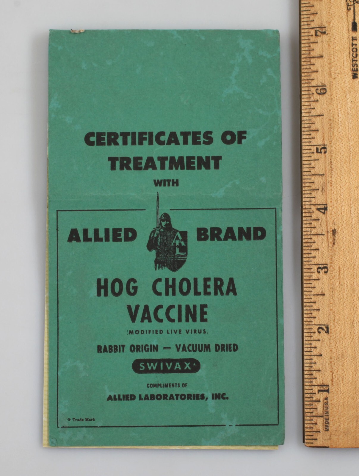 Vintage Allied Brand Hog Cholera Vaccine Vet’s Certificate Pad