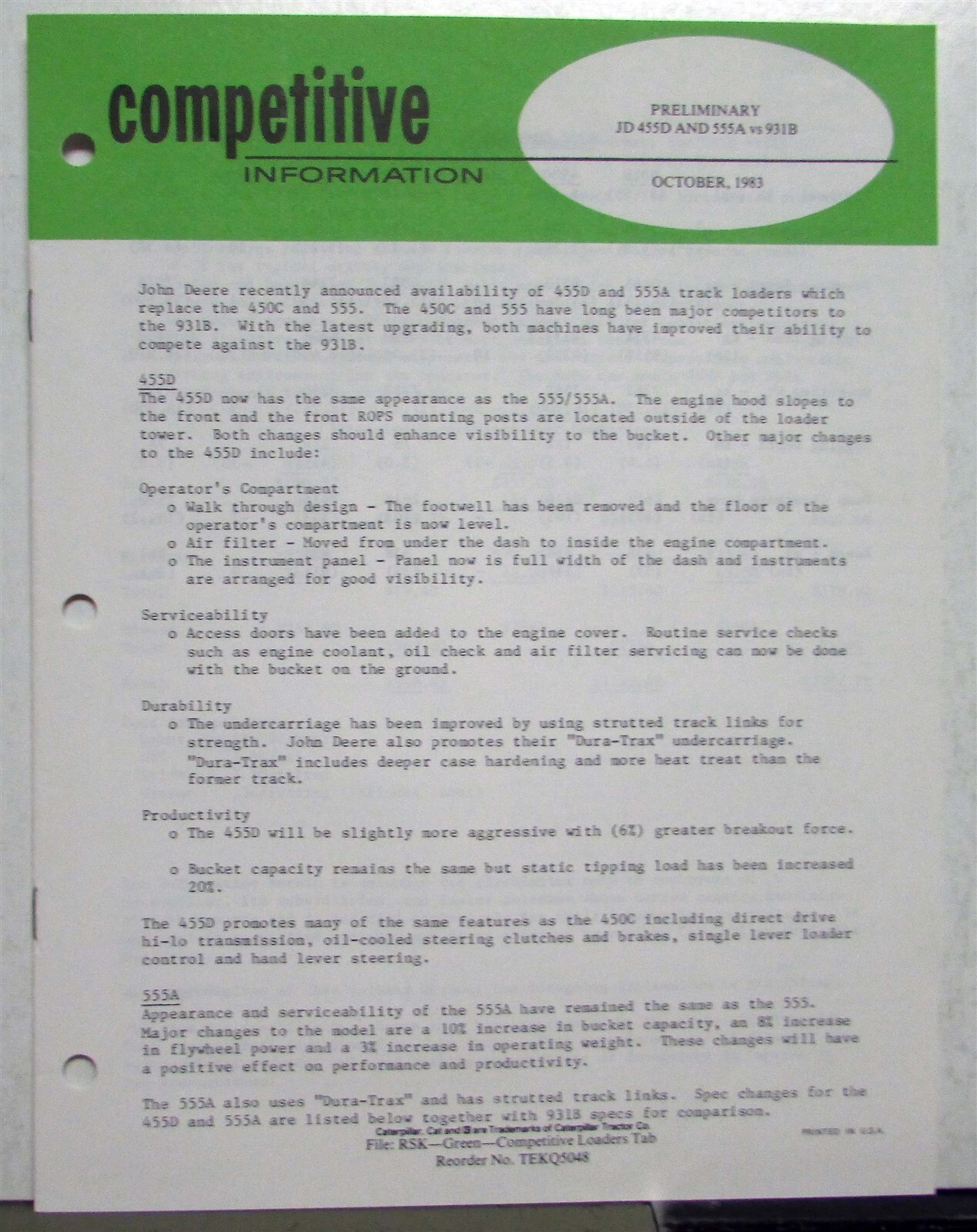 1984 Caterpillar Track Loaders John Deere Construction Competitive Info PRELIM