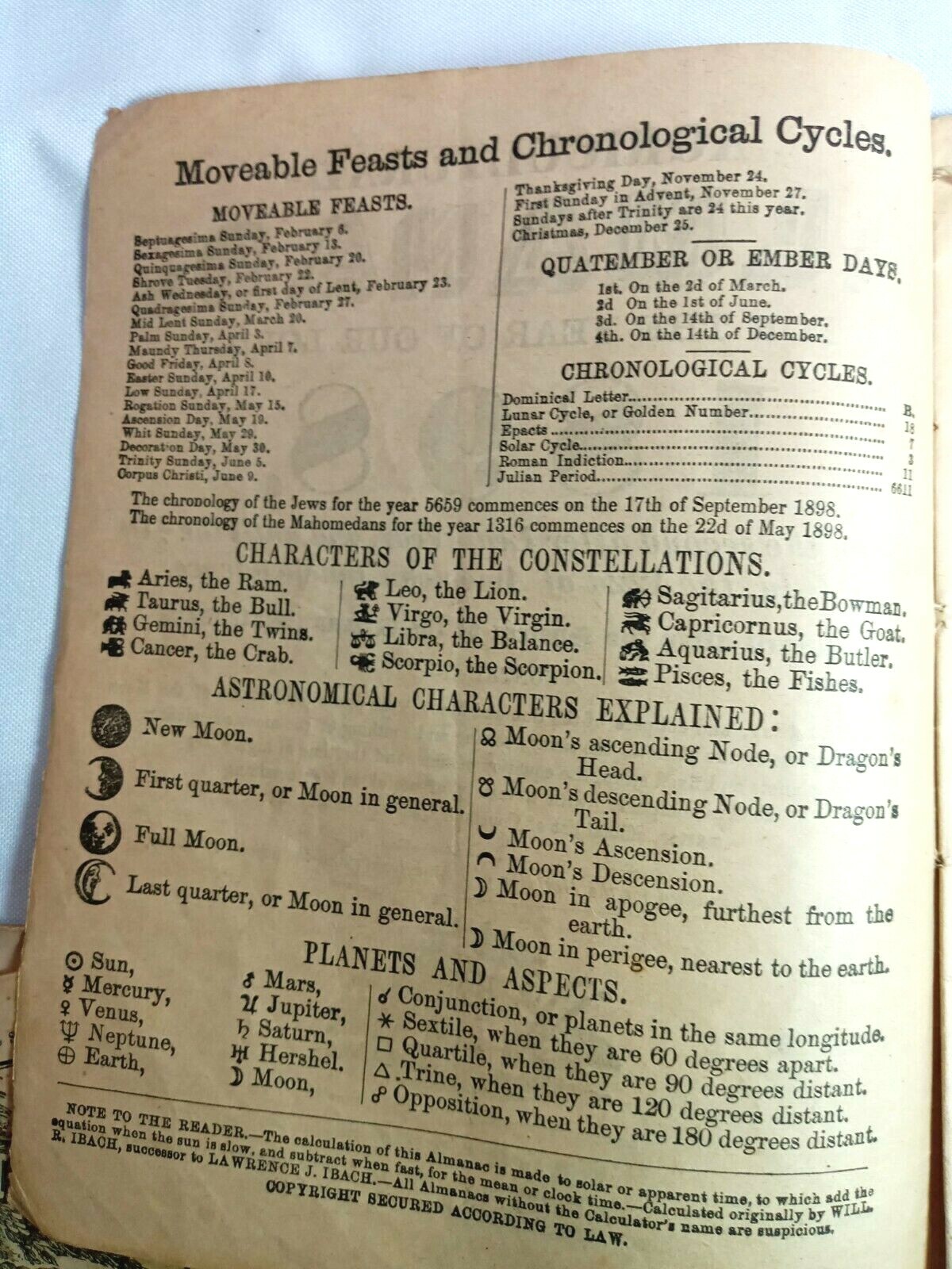 1898 John Bear Baer’s Agricultural Almanac Lancaster, PA Antique Farmers Vintage
