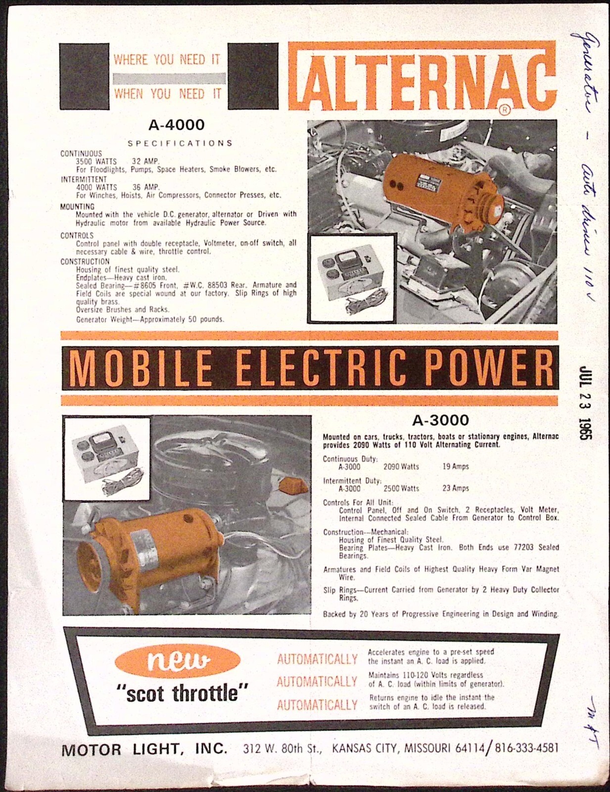 1965 Alternac Mobile Electirc Power New Scott Throttle Motor Light Inc Brochure