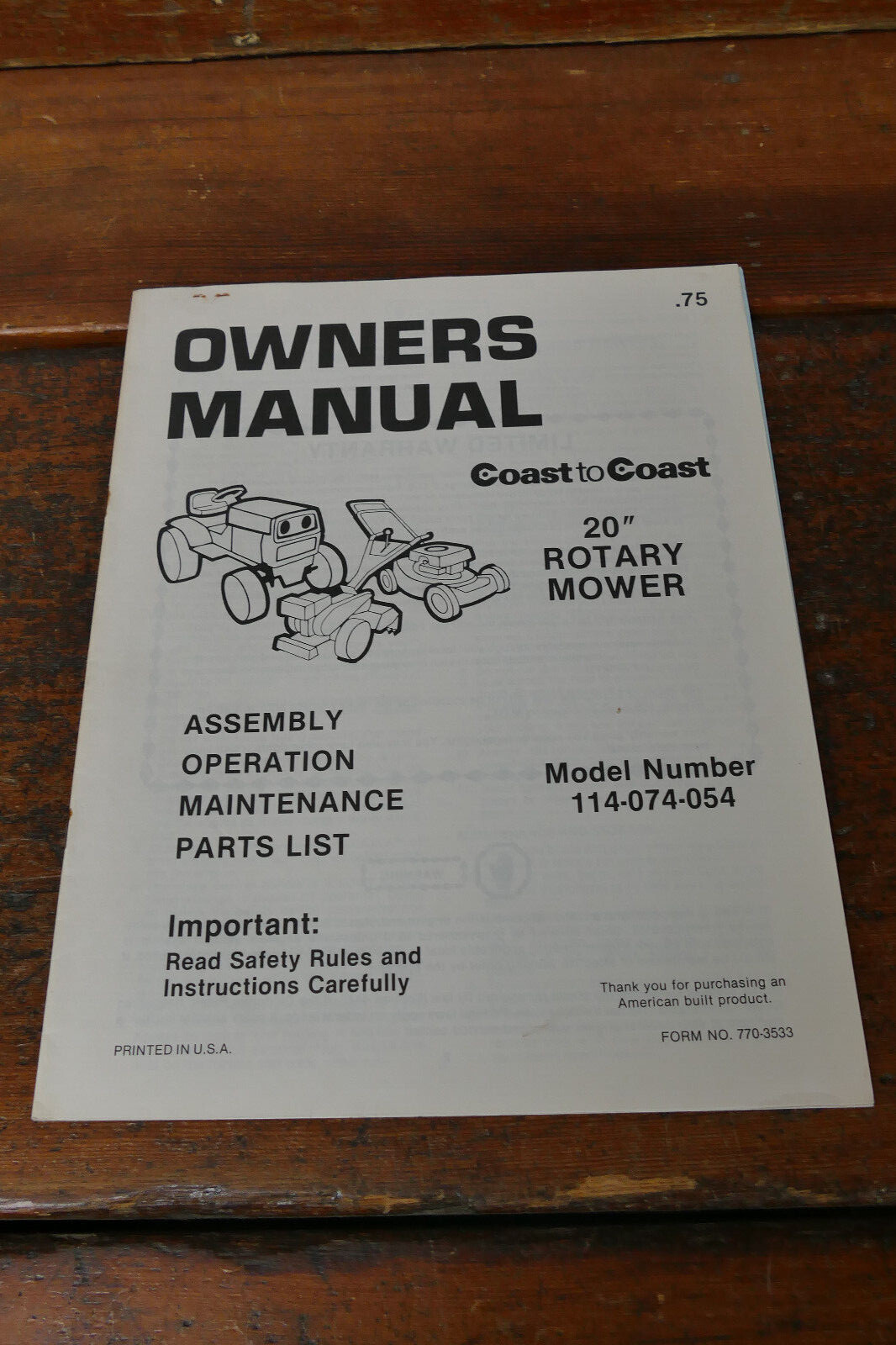 1983 Coast to Coast Owner’s Manual 20” Rotary Lawn Mower Model # 114-074-054