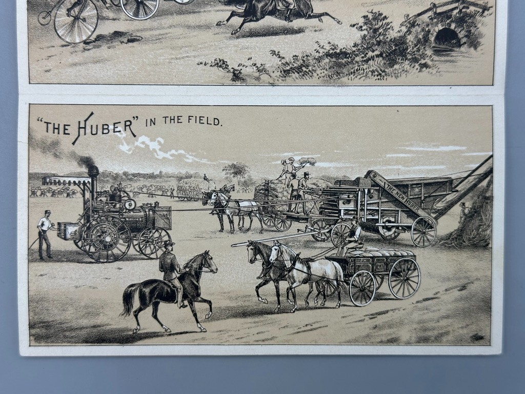 1880s HUBER ENGINE Farm THRESHER Advertise 4-Panel Folding Trade Card MARION OH