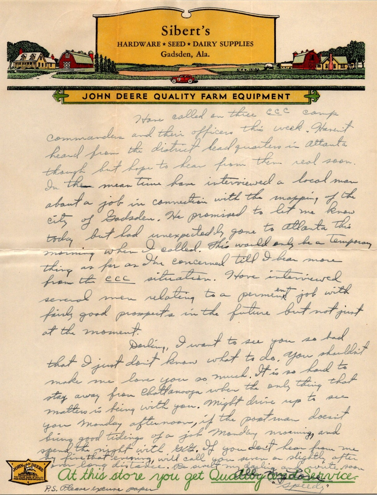 1936 John Deere Farm Equipment Sibert’s Hardware Gadsden Al Letterhead & Cover