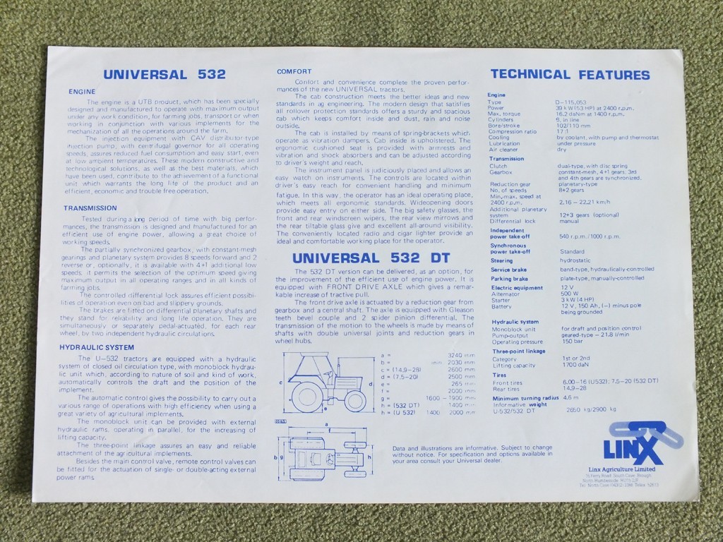 UNIVERSAL 532 / 532DT Farm Tractor Brochure Specification Leaflet 1985
