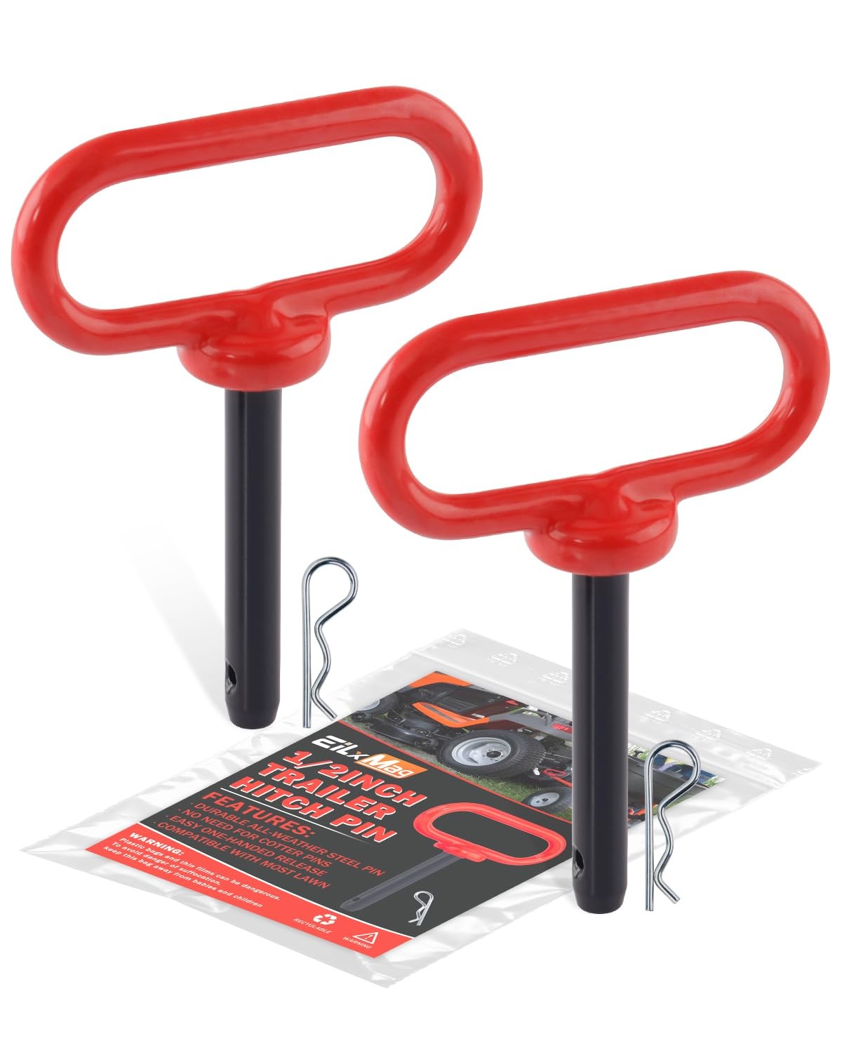EilxMag 2Pack Hitch Pin, 1/2 x 3 Inch Trailer Pin with Clip 2-Pack, RED