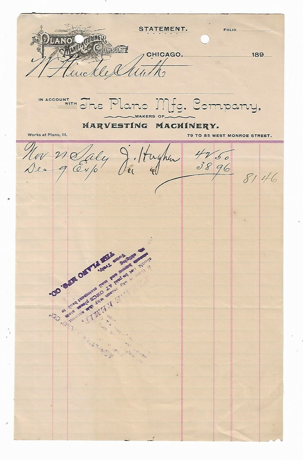 1890’s Invoice Plano Mfg Company Harvesting Machinery Chicago Illinois Farming