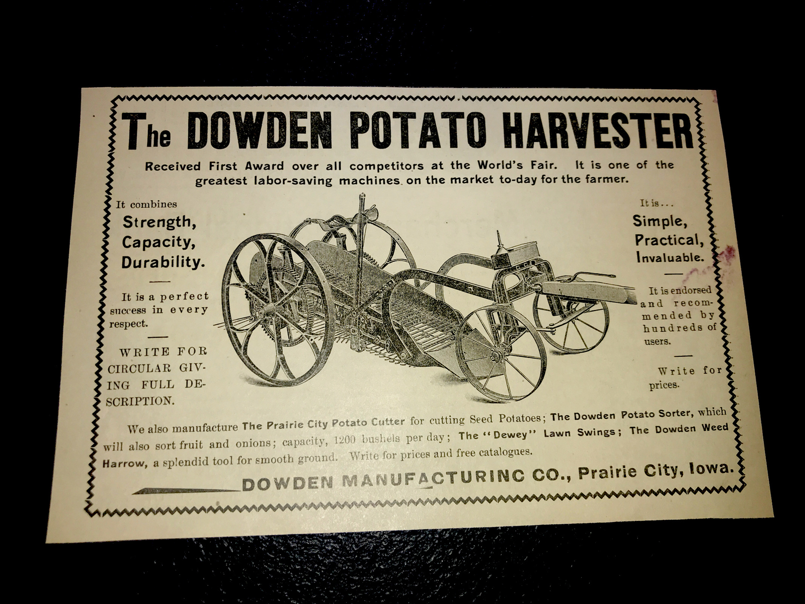 1900 Dowden Potato Harvester Farm Advertising – Prairie City – Iowa